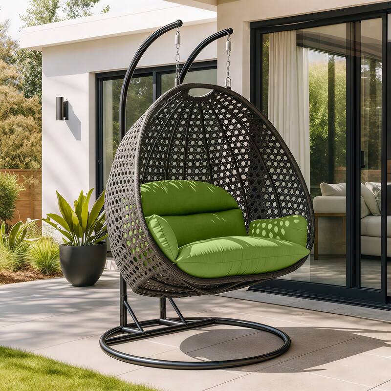 Angle. LeisureMod - Leisuremod Outdoor 2-Person Charcoal Wicker Egg Swing Chair with Steel Stand, Washable Cushions & Waterproof Cover - Light Green.