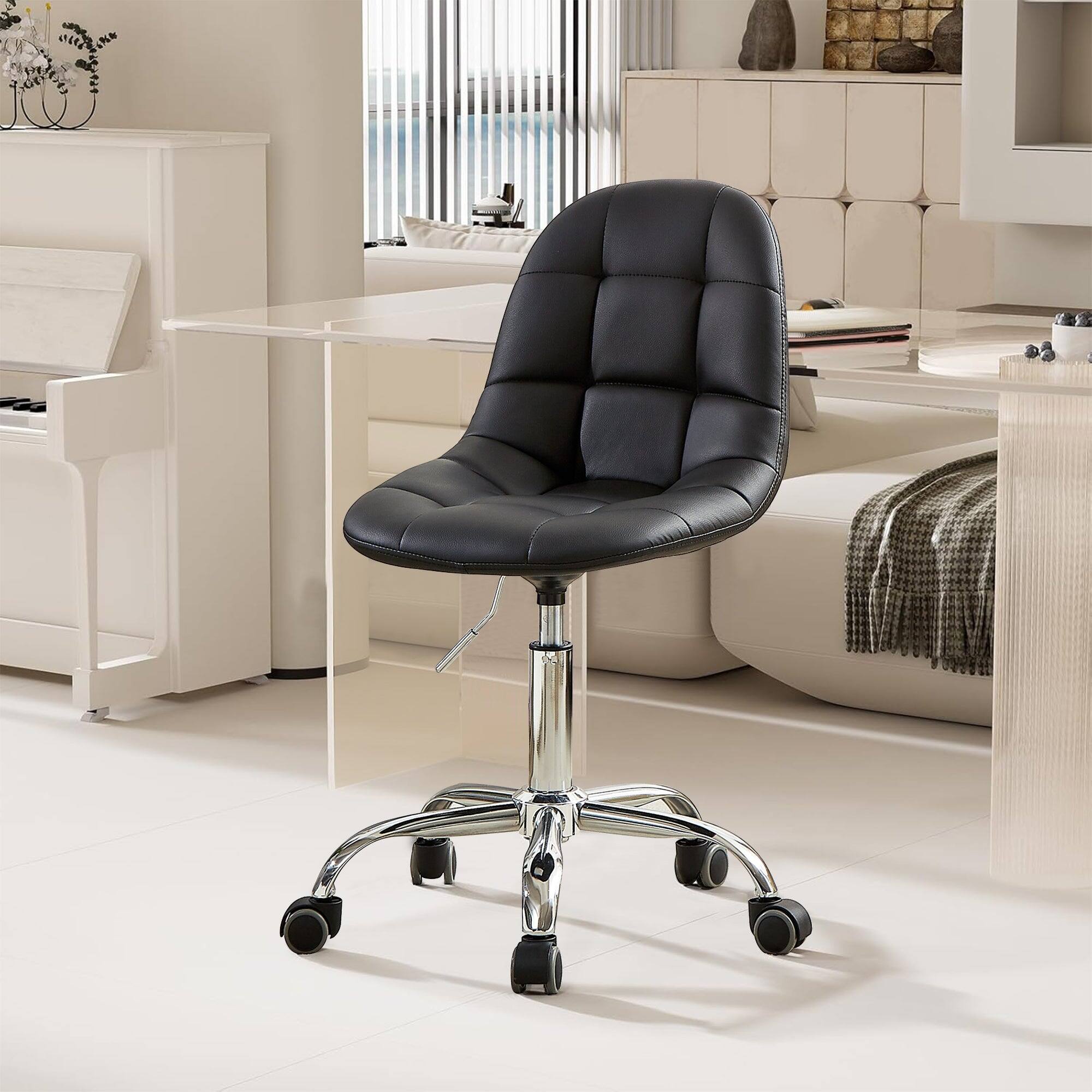 Front. Vecelo - PU Leather Armless Desk Chair - Adjustable Height , 360° Swivel Rolling for Study/Makeup, 330 Lbs Capacity - Black.