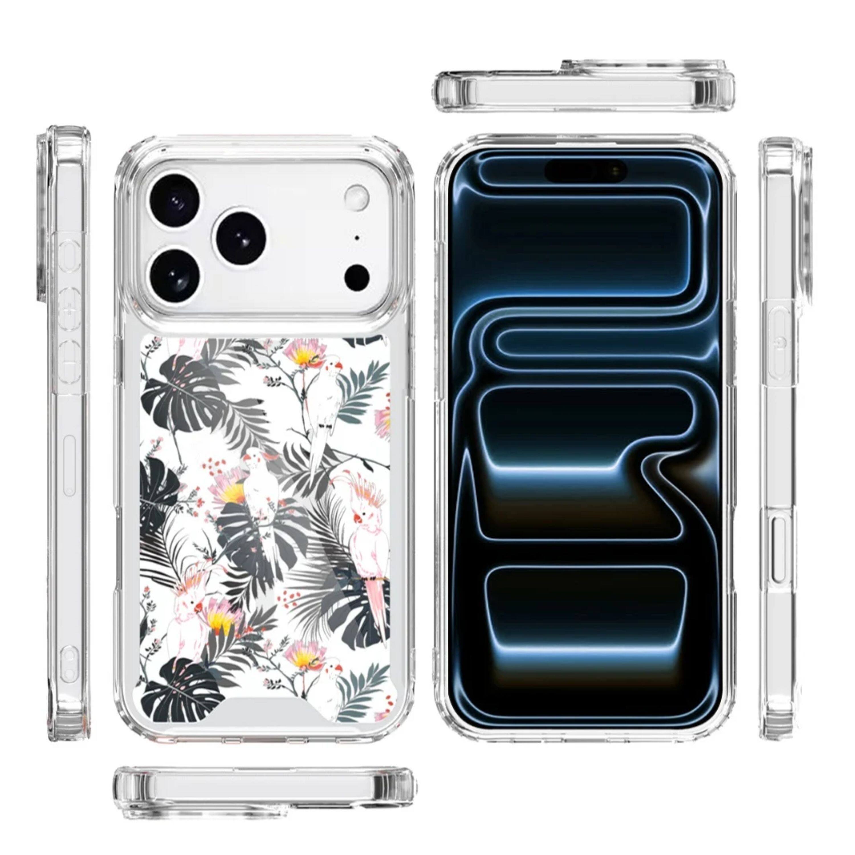 Angle. Kitcheniva - Tropical Flamingo And Leaves Design Clear TPU Phone Case With Tempered Glass For iPhone 17 Pro Max - Multicolor.
