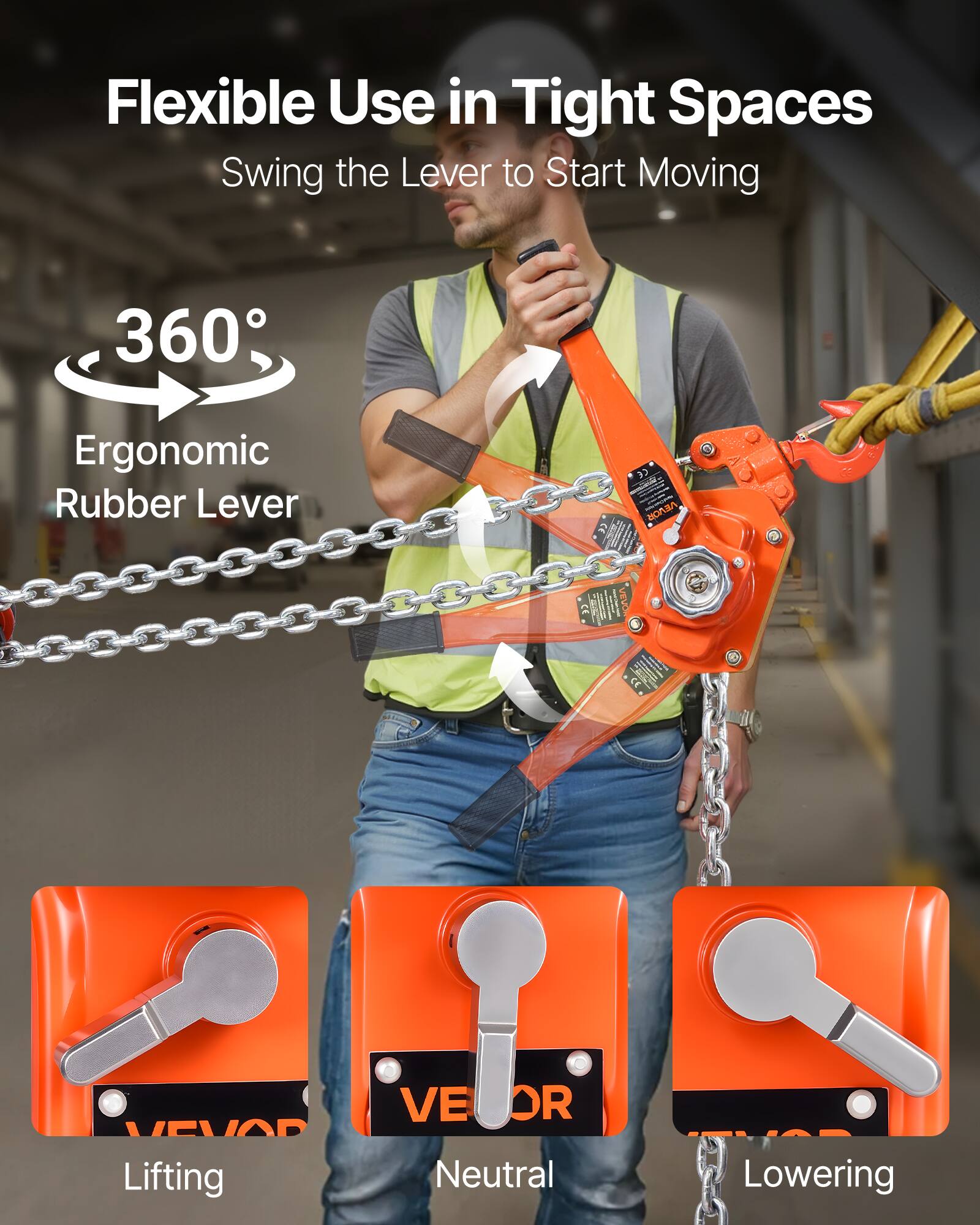 Flexible Use in Tight Spaces  
Swing the Lever to Start Moving  

360°  
Ergonomic Rubber Lever  

Lifting  
Neutral  
Lowering