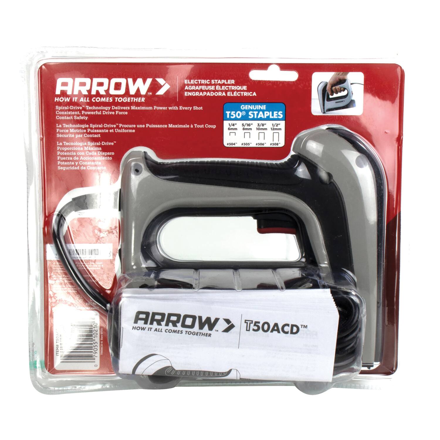 ELECTRIC STAPLER  
ARROW - ENGRAPADORA AGRÁFUSE LECTRIQUE ELÉCTRICA  

HOW IT ALL COMES TOGETHER  
Spiral-Drive Technology Delivers Maximum Power with Every Shot  
Consistent. Powerful Drive Force  
Contact Safety  

La Tecnología Spiral-Drive Proporciona Potencia Máxima a Todo Coup  
Fuerza Motriz Potente y Uniforme  
Seguridad por Contacto  

GENUINE T50 STAPLES  
1/4" 3/8" 1/2"  
6mm 9mm 12mm  
#504 #505 #506 #508  

T50ACD™  

ARROW  
HOW IT ALL COMES TOGETHER
