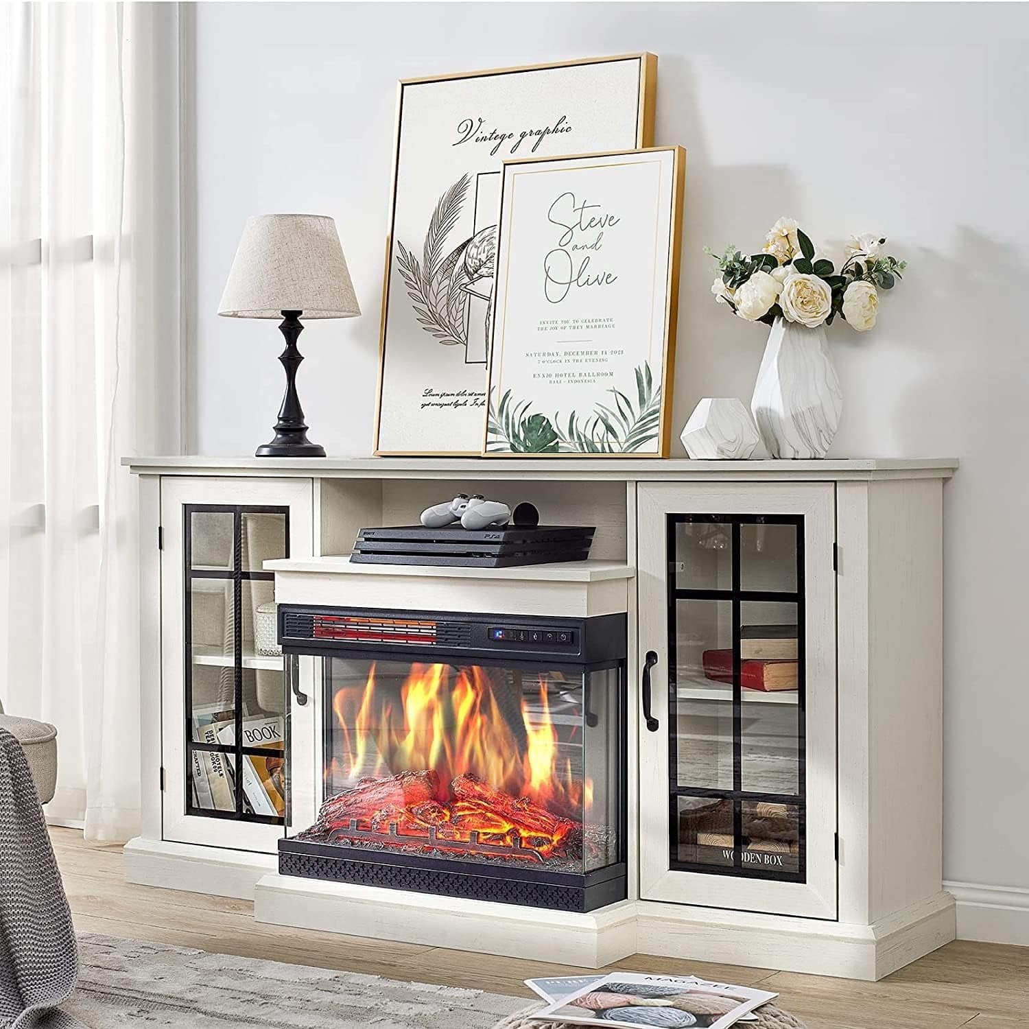 GARVEE - 59" Fireplace TV Stand for TVs Up to 85" 3-Sided Glass Electric Fireplace Storage - White