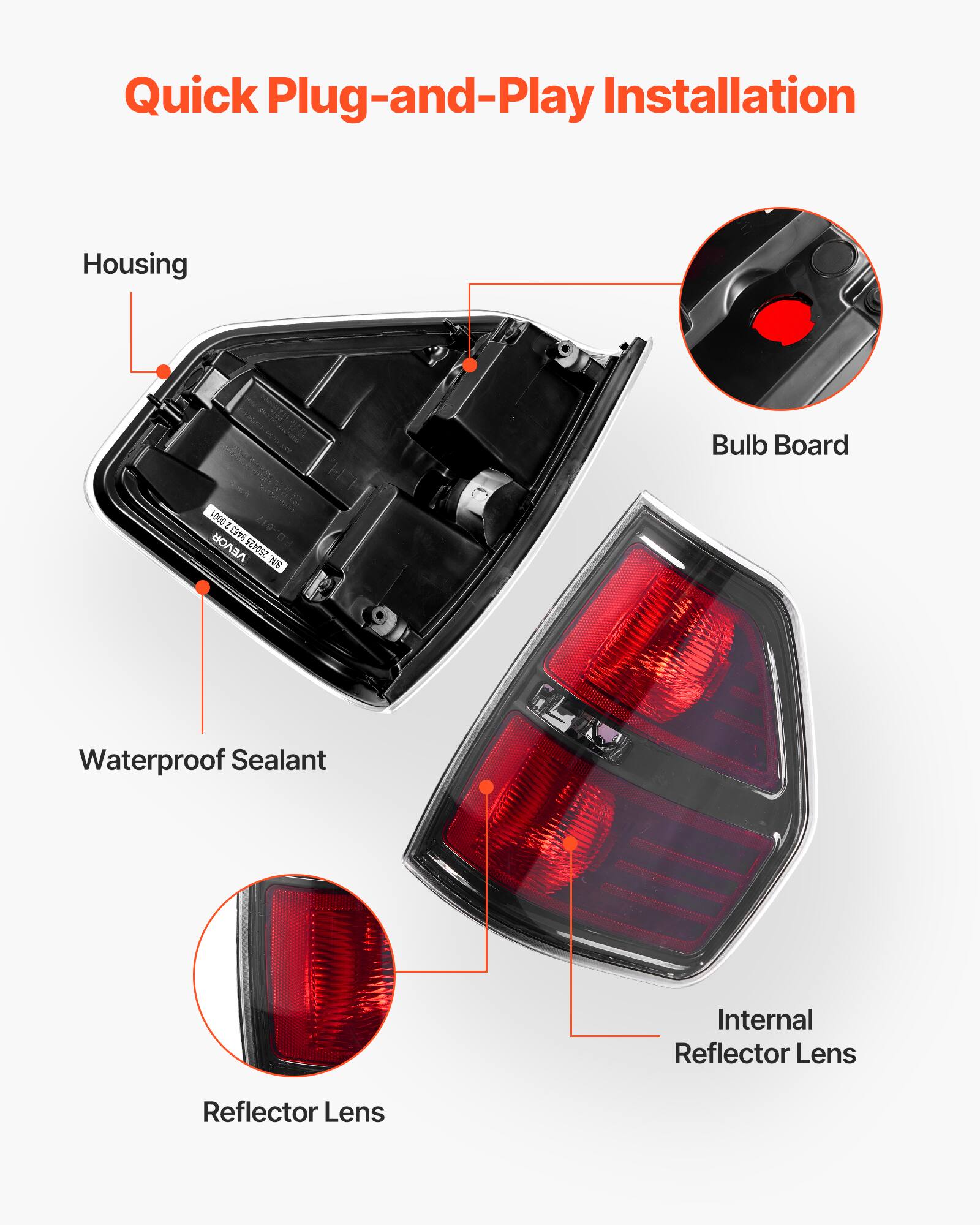Quick Plug-and-Play Installation

- Housing
- Bulb Board
- Waterproof Sealant
- Reflector Lens
- Internal Reflector Lens