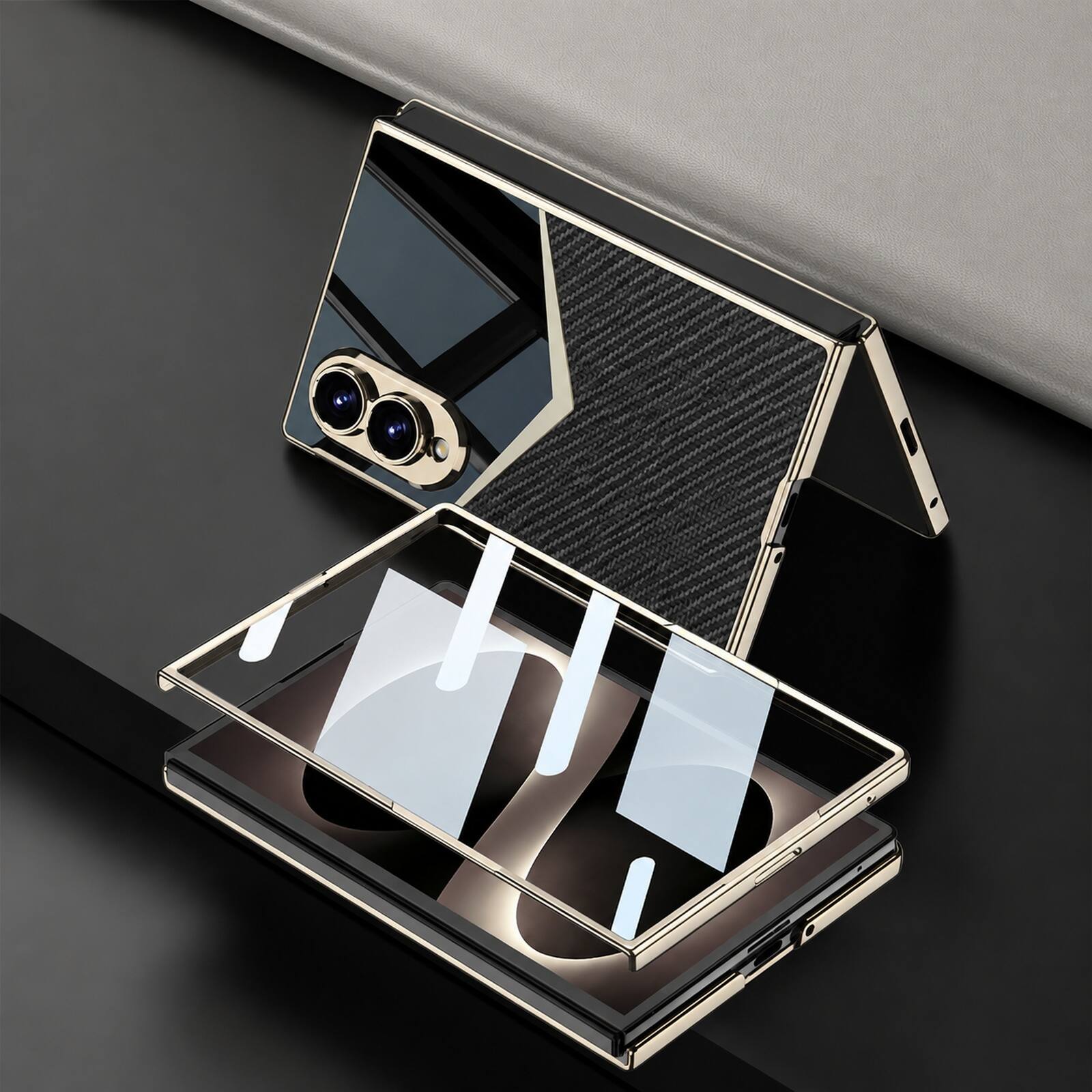 Alt View 3. Dteck - Shockproof Leather Texture Case for Samsung Galaxy Z Fold8 Built in Screen Film Raised Edge Precision Camera Defense - Carbonfiber.