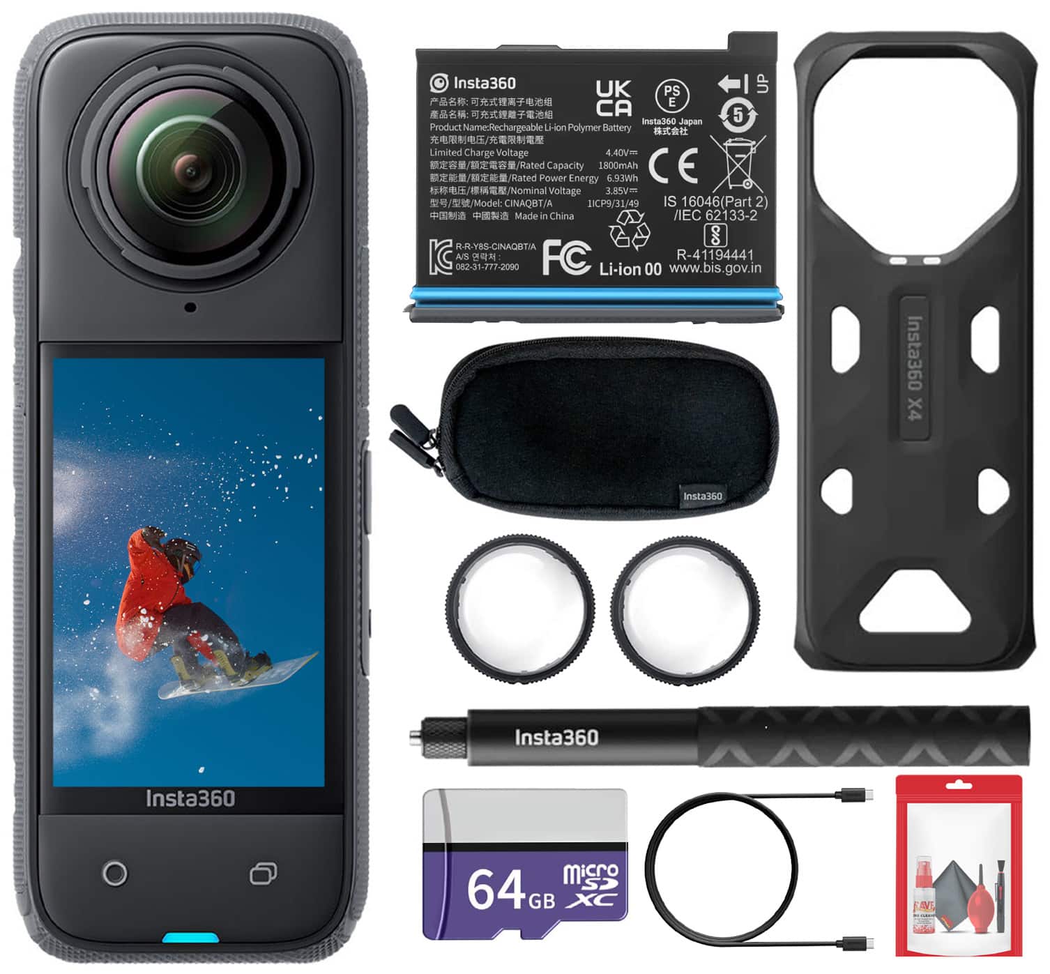 Insta360 X4 Waterproof 360 Action Camera + Selfie Stick + Guards +