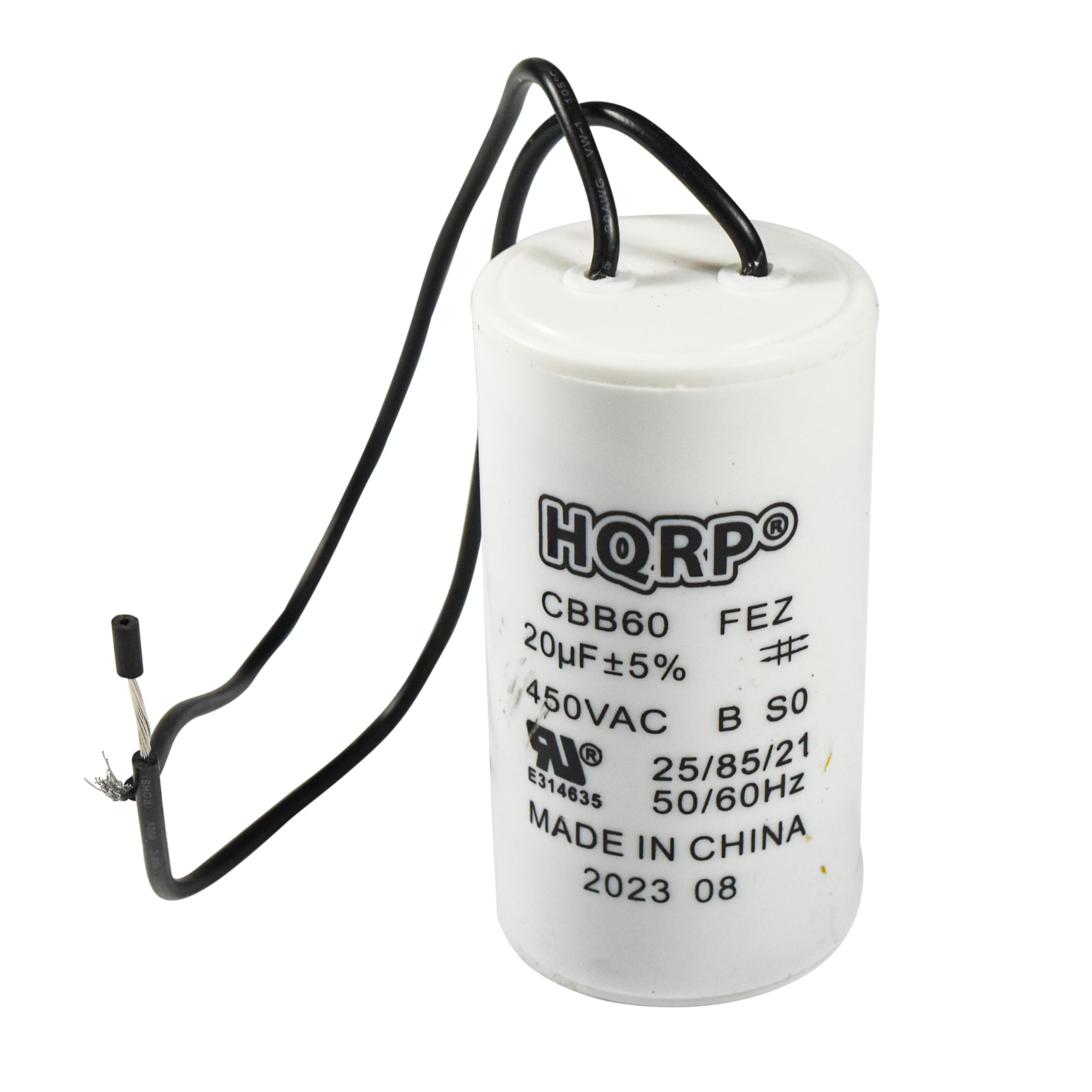HQRPO CBB60 FEZ  
20µF ±5%  
450VAC  
B S0  
E314635  
25/85/21  
50/60Hz  
MADE IN CHINA  
2023 08