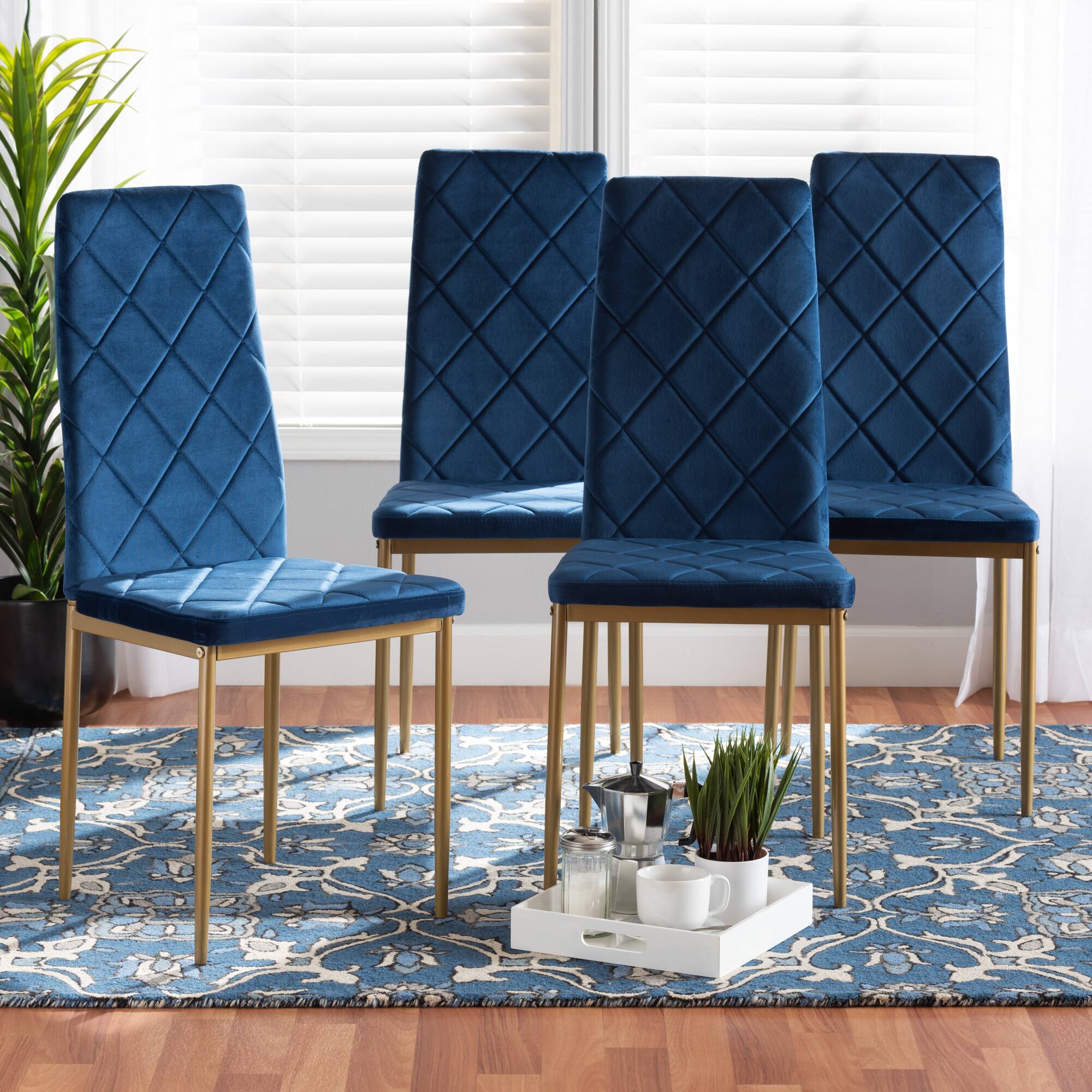 Alt View 2. Baxton Studio - Blaise Modern Glam Velvet Fabric Upholstered and Gold Finished Metal 4-Piece Dining Chair Set - Navy blue/gold.