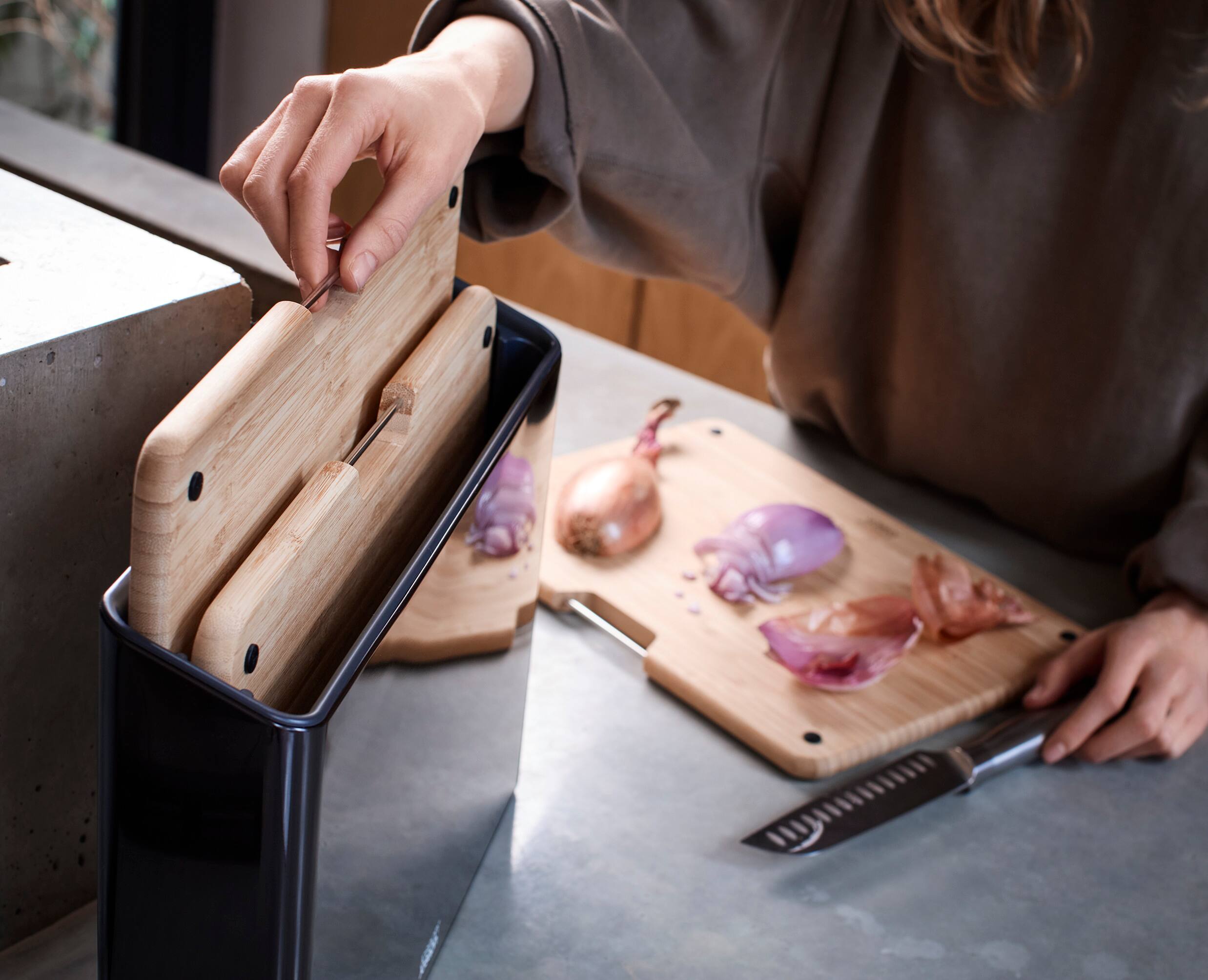 Alt View 2. Joseph Joseph - Folio Steel 3-piece Bamboo Cutting Board Set with Steel Case - Black.