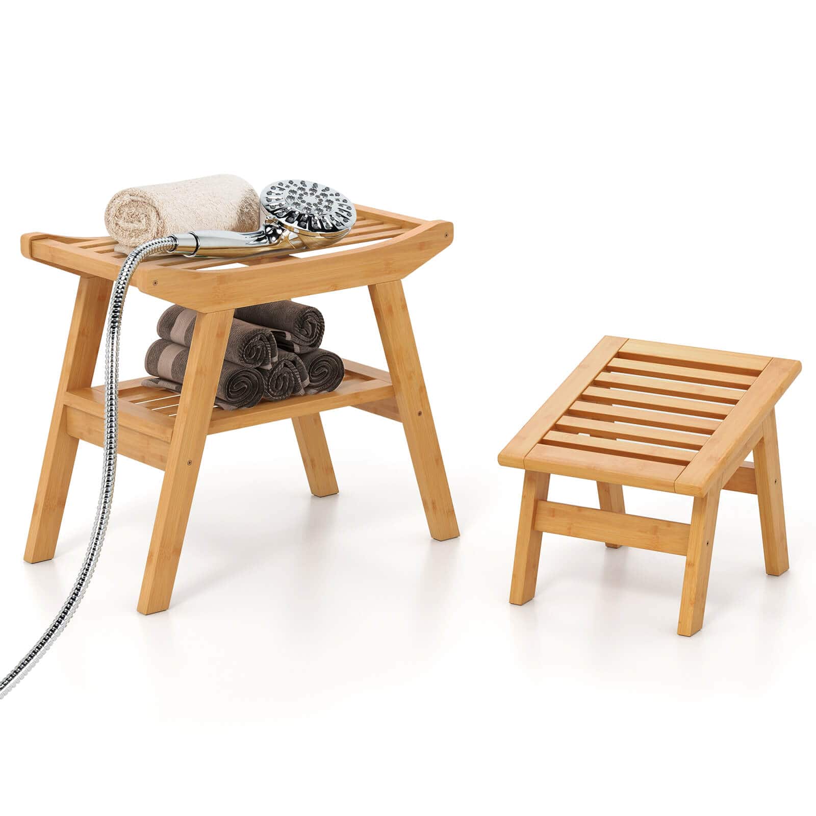 Front. Costway - Costway 2-Tier Bamboo Shower Bench and Stool with Underneath Storage Shelf Slatted Seat - Natural.