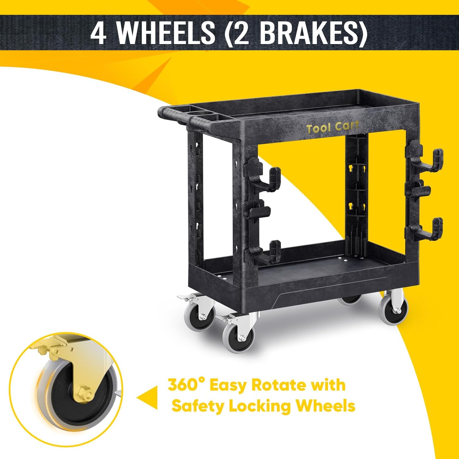 4 WHEELS (2 BRAKES), Tool Cart, 360° Easy Rotate with Safety Locking Wheels
