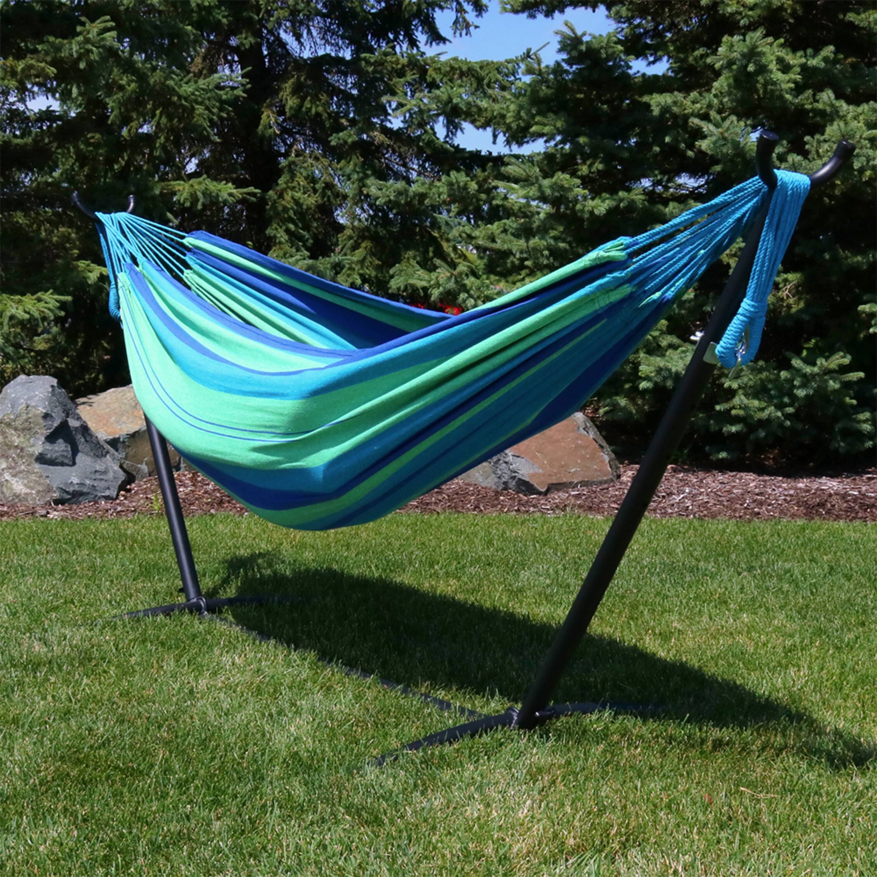 Alt View 3. Sunnydaze - Large Cotton Hammock with Steel Stand and Carrying Case - Beach Oasis.