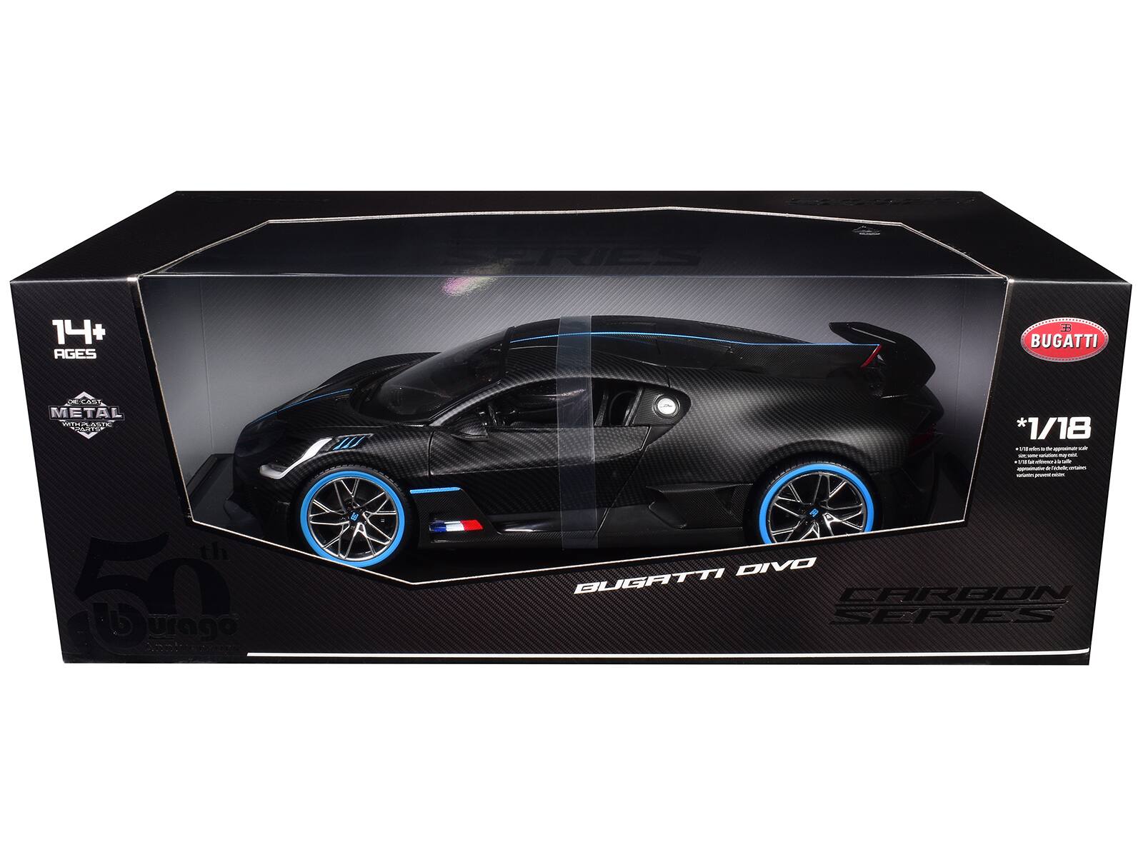 "Bugatti Divo Carbon Fiber with Blue Accents ""Carbon Series - Bburago 50th Anniversary"" 1/18 Diecast Model Car by Bburago" price history on PriceWatchPro