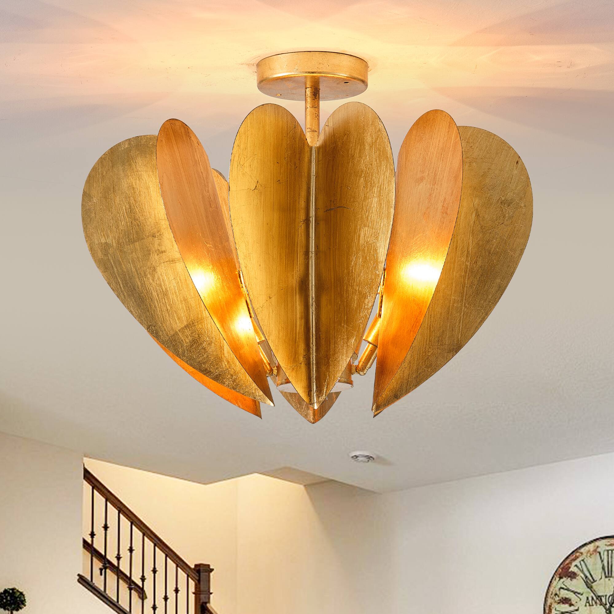 Back. Parrot Uncle - 19.3 in. 6-Light Heart Semi-Flush Mount Ceiling Light - Gold.