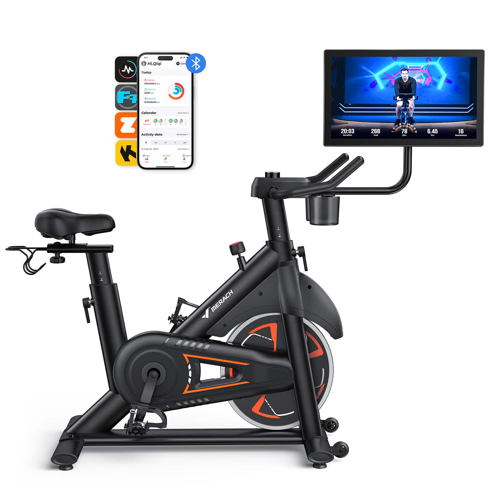 MERACH - S38 Magnetic Exercise Bike, 21.5'' HD Swivel & Tilt Display, Multimedia casting, 330LBS, Fitness Courses - Black