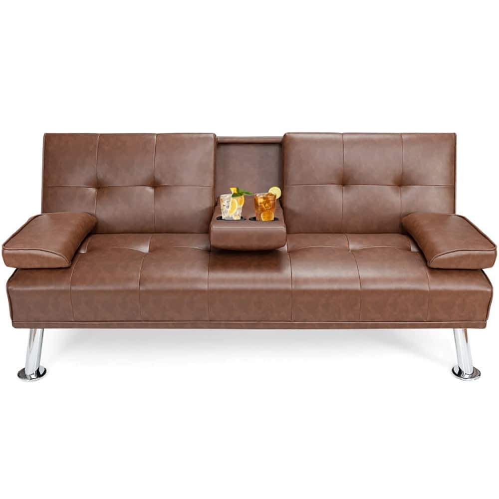 Kadyn - Loveseat Sofa, Modern Couch, Convertible Folding Leather Futon Sofa with Cup Holders and Armrests-Brown - Brown