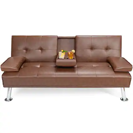 Front. Resenkos - Loveseat Sofa, Modern Couch, Convertible Folding Leather Futon Sofa with Cup Holders and Armrests-Brown - Brown.
