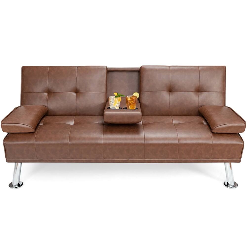 Front. Kadyn - Loveseat Sofa, Modern Couch, Convertible Folding Leather Futon Sofa with Cup Holders and Armrests-Brown - Brown.