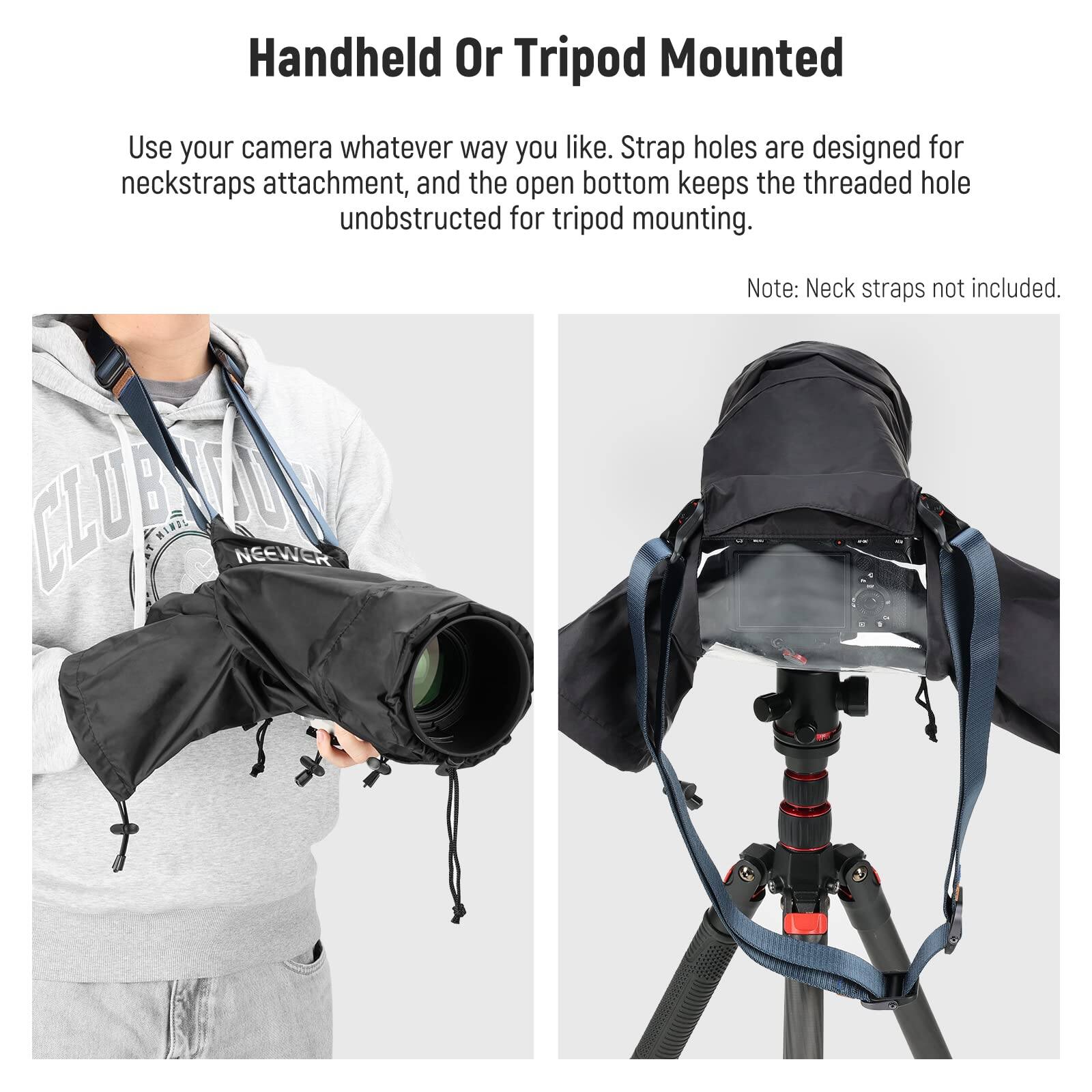 Handheld Or Tripod Mounted

Use your camera whatever way you like. Strap holes are designed for neckstraps attachment, and the open bottom keeps the threaded hole unobstructed for tripod mounting.

Note: Neck straps not included.