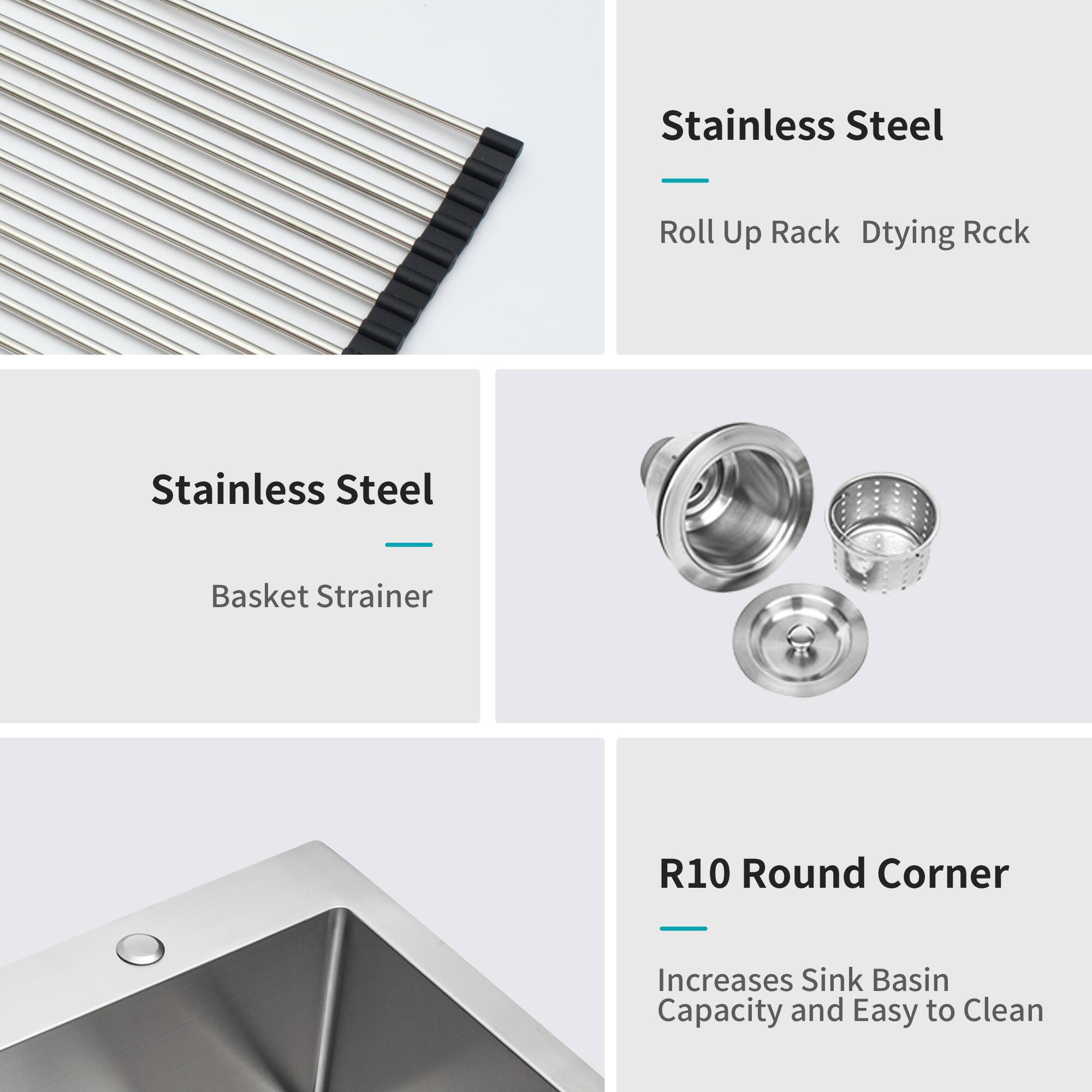 Stainless Steel Roll Up Rack Drying Rack Stainless Steel - Basket Strainer R10 Round Corner Increases Sink Basin Capacity and Easy to Clean