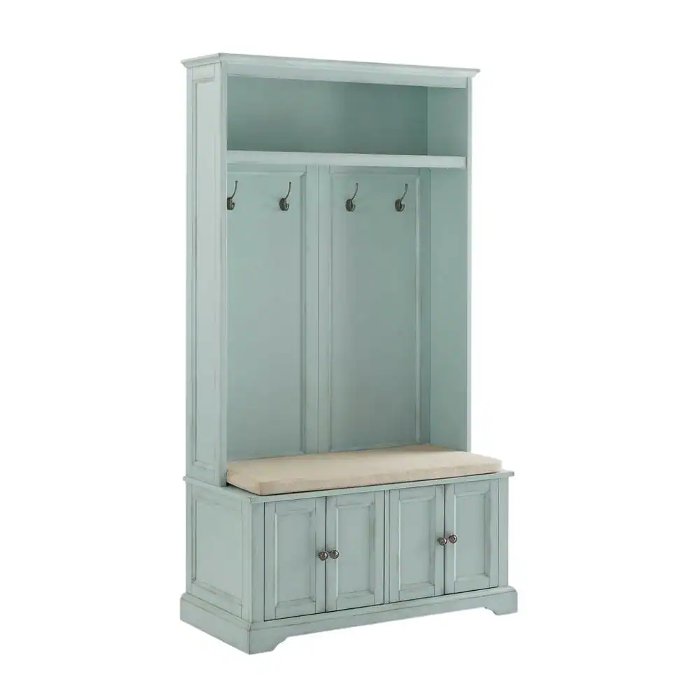 Back. FurniFact - Brown Hall Tree - Distressed Seafoam Blue.