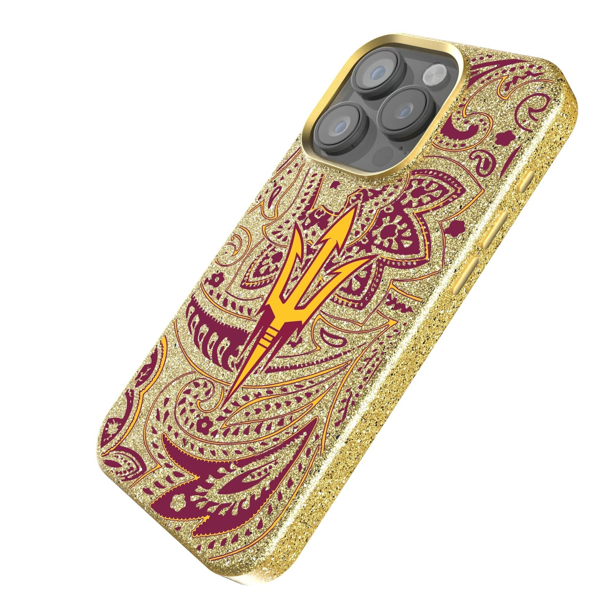 Alt View 1. Keyscaper - Arizona State Sun Devils Paisley Bling iPhone Case - 14 Plus - Gold.