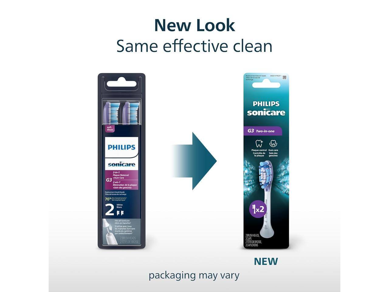 New Look  
Same effective clean  

PHILIPS sonicare  
2-in-1  
G3 Two-in-one  
Plaque Removal + Gum Care  
70% Whiter  
2 Brush Heads  

PHILIPS sonicare  
G3 Two-in-one  
Plaque Removal + Gum Care  
70% Whiter  
2 Brush Heads  

packaging may vary  

NEW