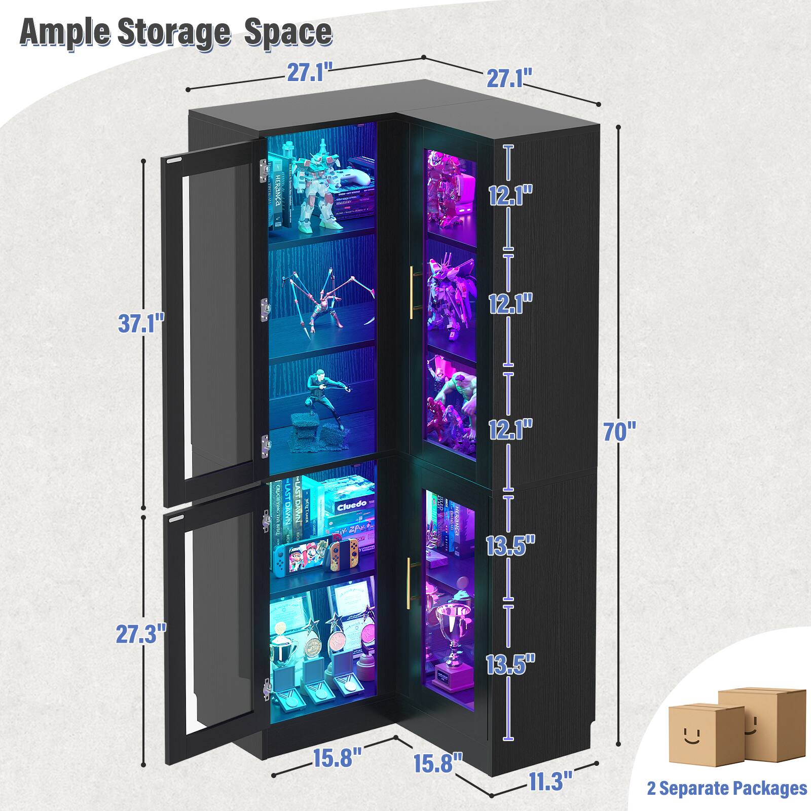 Ample Storage Space  
27.1"  
37.1"  
27.3"  
15.8"  
11.3"  
12.1"  
12.1"  
12.1"  
13.5"  
13.5"  
70"  
2 Separate Packages