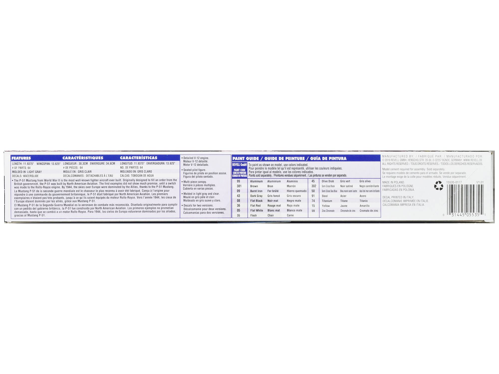 **FEATURES / CARACTÉRISTIQUES / CARACTERÍSTICAS**

- **LENGTH / LONGUEUR / LONGITUD:** 19.85" (49.9 cm)
- **WINGSPAN / ENVERGURE / ALAR / ALAR:** 13.25" (33.6 cm)
- **DETAILLED ENGINE / MOTOR V-12 détaillé / MOTOR V-12 detallado**
- **MOLDED IN LIGHT GRAY / MOULÉ EN GRIS CLAIR / MOLDEADO EN GRIS CLARO**
- **64 PARTS / 64 PARTES / 64 PARTES**
- **The P-51 Mustang from World War II is the most well-known fighter aircraft ever built. Originally designed to fill an order from the British government, the P-51 was built by North American Aviation. The first examples did not show much promise, until the British government, the P-51 was built by North American Aviation. The first examples did not show much promise, until the British government, the P-51 was built by North American Aviation. The first examples did not show much promise,