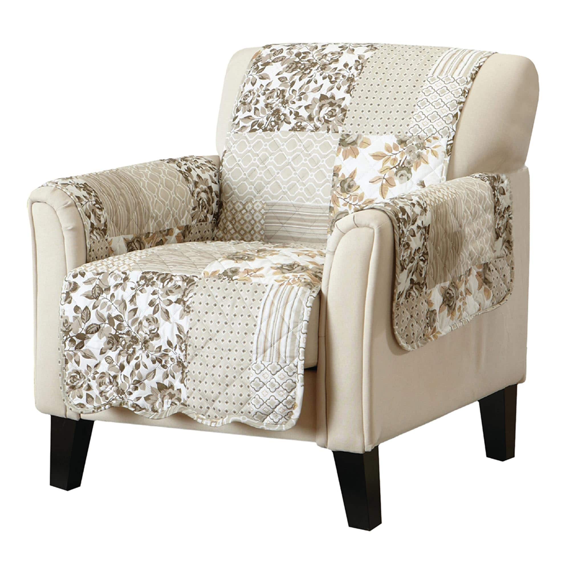 Fabibe - Reversible Patchwork Recliner Chair Cover - Washable Slipcover Furniture Protector with Elastic Straps - Couch - 01- Patchwork - Taupe Chair