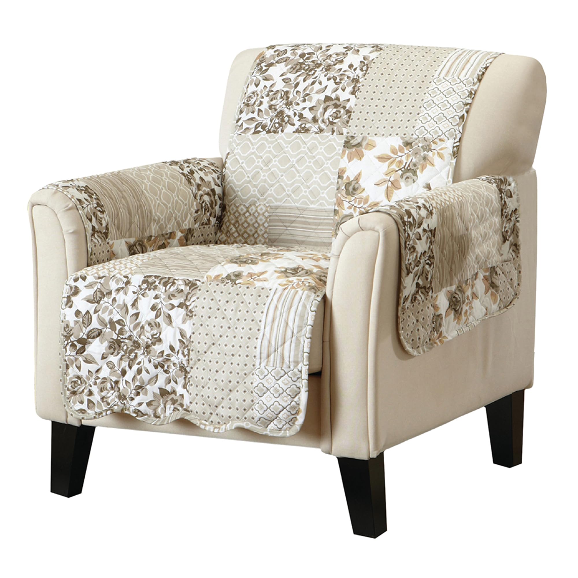 Front. Fabibe - Reversible Patchwork Recliner Chair Cover - Washable Slipcover Furniture Protector with Elastic Straps - Couch - 01- Patchwork - Taupe Chair.