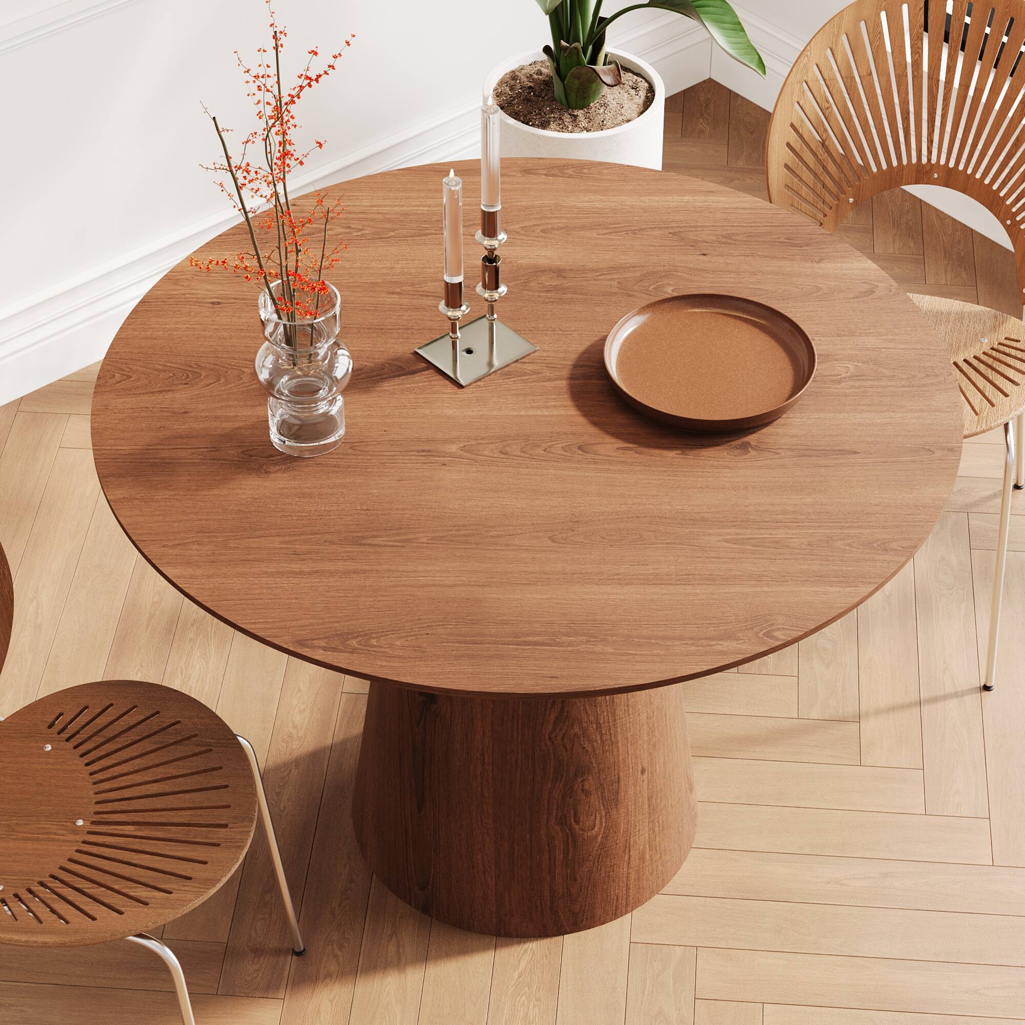 Alt View 1. Tiramisubest - 43 inch circular dining table, modern minimalist round table, MDF grain dining table, one handle and two packs - Walnut.