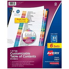 Avery - Ready Index Table of Contents Paper Dividers, 1-31 Tabs, 6 Sets/Pack - Multicolor