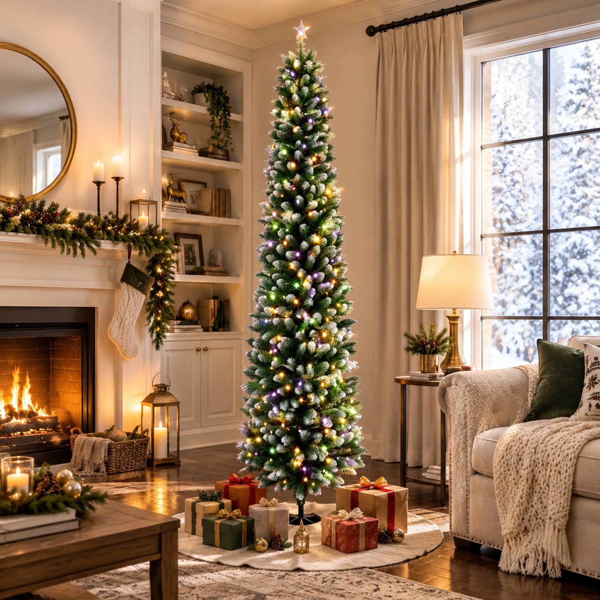 Left. RYHNUYNE - 8FT Pre-Lit Flocked Pencil Christmas Tree With Dual-Color Green White LED Lights and Remote, 11 Modes - Green,White.