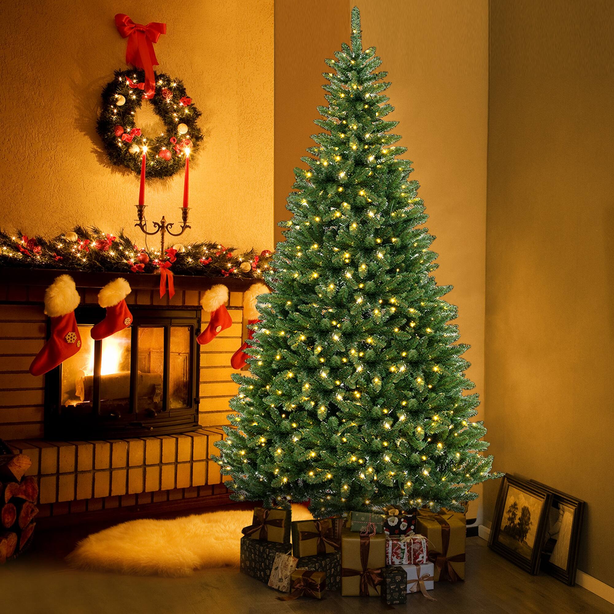 Costway - 8 FT Pre-Lit Artificial Christmas Tree with 360 Warm White LED Lights Metal Stand - Green
