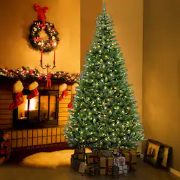 Costway - 8 FT Pre-Lit Artificial Christmas Tree with 360 Warm White LED Lights Metal Stand - Green