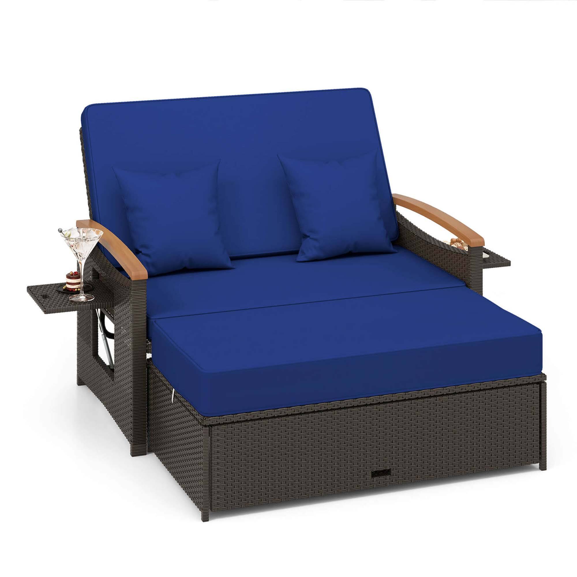 Alt View 9. Costway - Patio Rattan Daybed Set with Cushioned Loveseat & Storage Ottoman for Porch - Navy + Mix Brown.