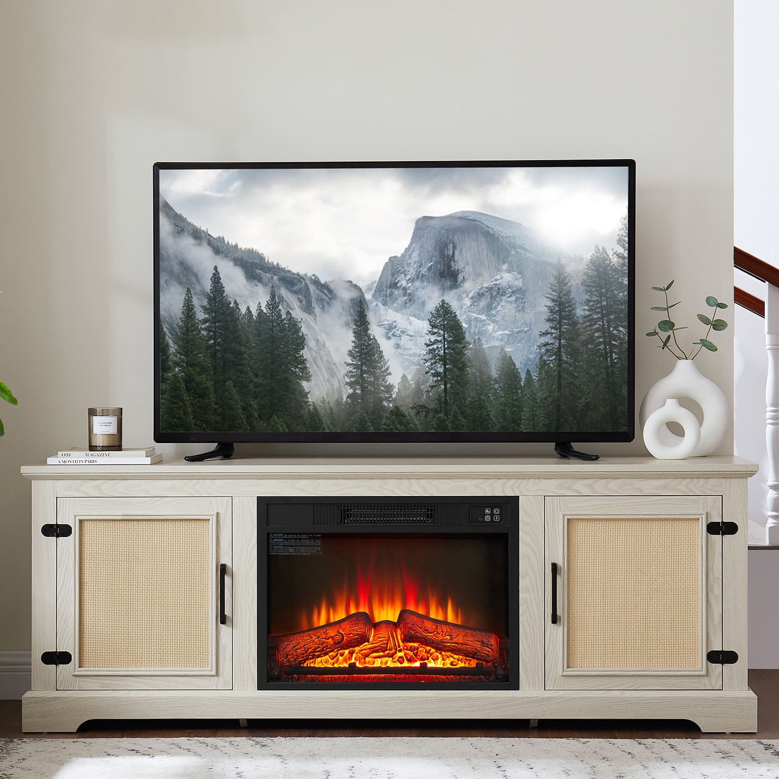 Chateau Abodes - 65" Farmhouse TV Stand with Natural Rattan Doors, Adjustable Wood Shelf & 23" Fireplace Insert for up to 70" TVs - White