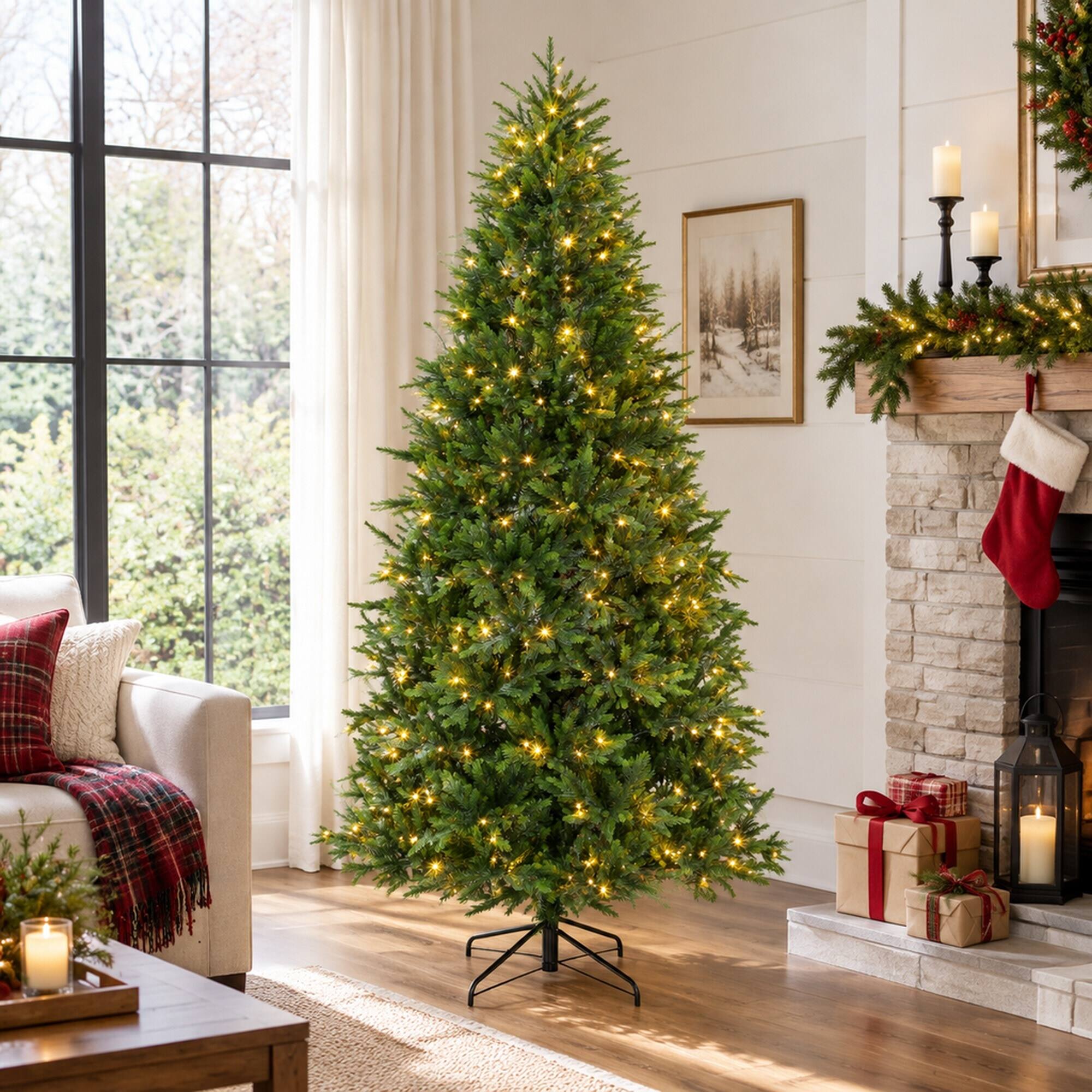 Back. RYHNUYNE - 7.5FT Pre-Lit Nordmann Fir Christmas Tree With Dual-Color LED Lights and 11 Modes, Remote Control and Lifelike Tips - Green.