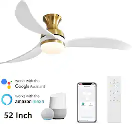 Sofucor - 52in Smart Low Profile Ceiling Fans with Lights Remote Outdoor Indoor Flush Mount Ceiling Fan Work with Alexa App - Gold White