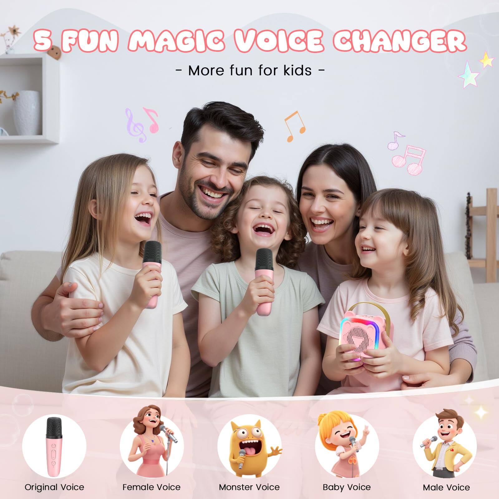 5 Fun Magic Voice Changer  
- More fun for kids -  

Original Voice  
Female Voice  
Monster Voice  
Baby Voice  
Male Voice