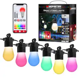 Monster - 24 ft Smart String Lights with 12 LED Lights for Outdoor Lighting & Backyard Lights - Multicolor