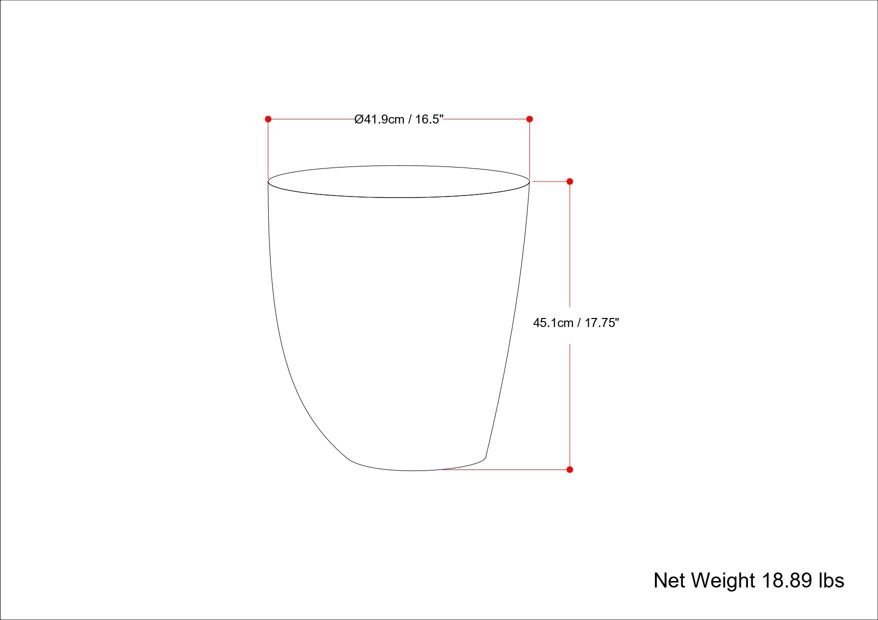 41.9cm / 16.5"  
45.1cm / 17.75"  

Net Weight 18.89 lbs