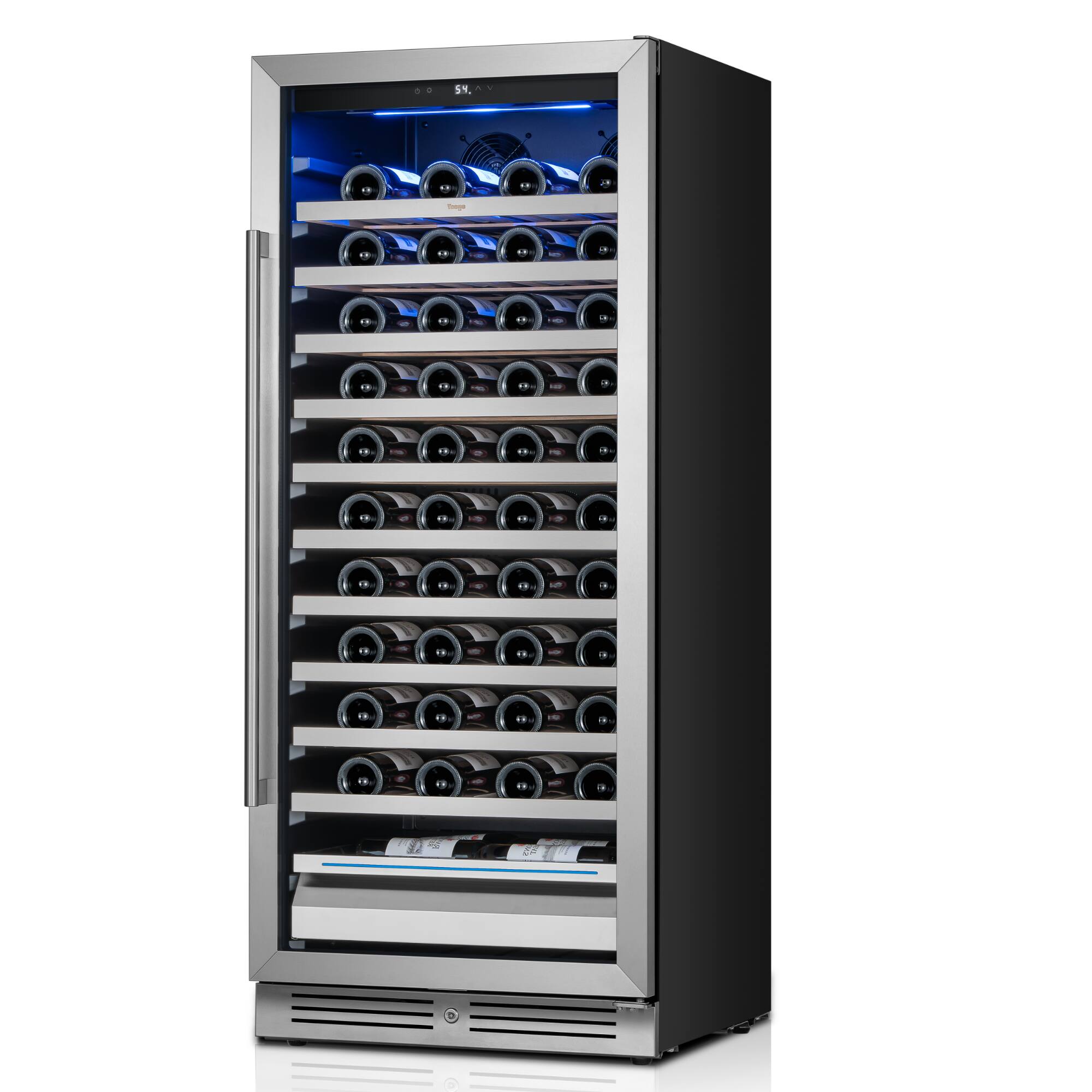 Left. Yeego - 24-inch Wine Cooler Refrigerator, 89-Bottle , 40°F-65°F , Built-in or Freestanding Installationfor Home/Bar/Kitchen - Stainless Steel.