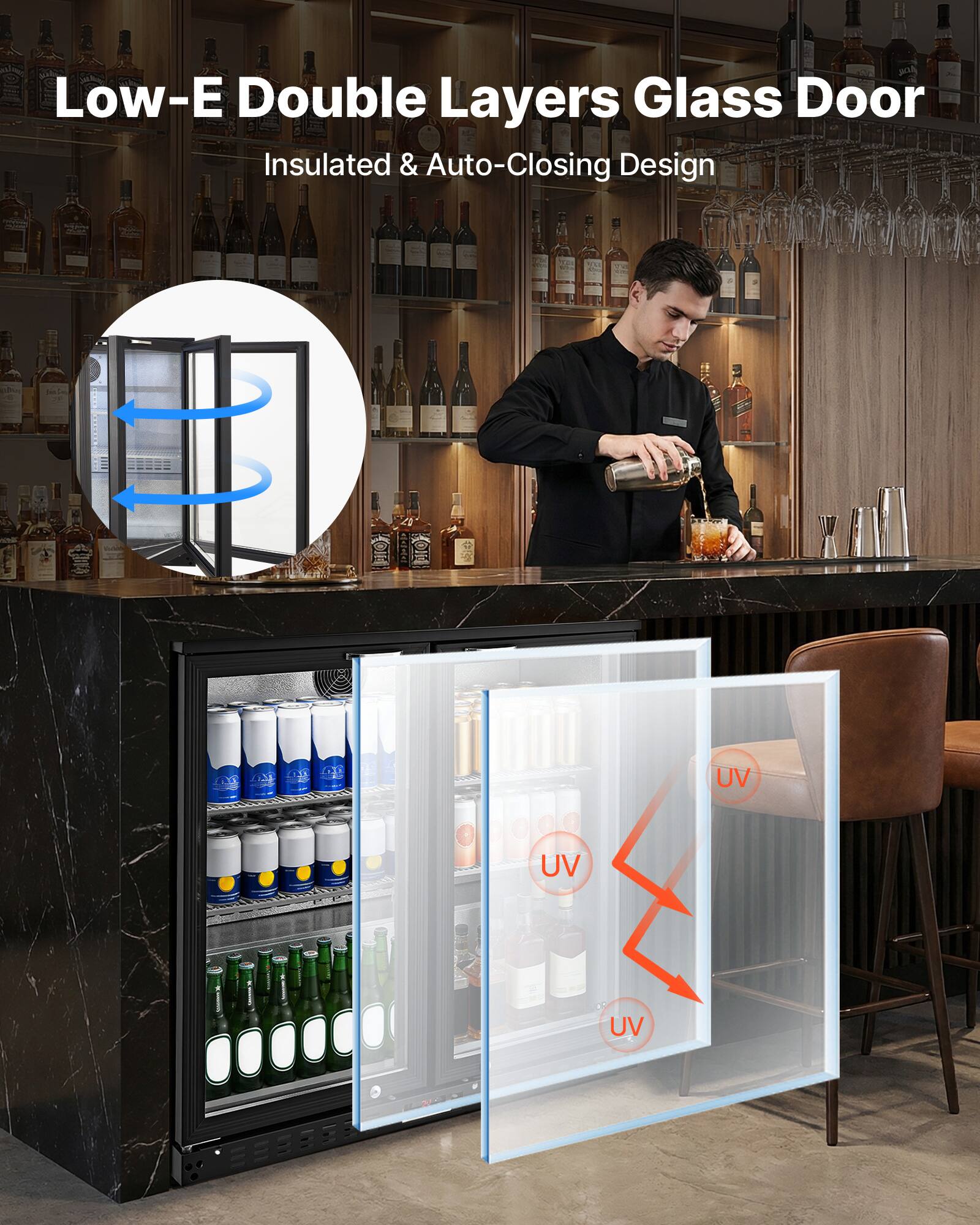 Low-E Double Layers Glass Door  
Insulated & Auto-Closing Design  
UV UV UV