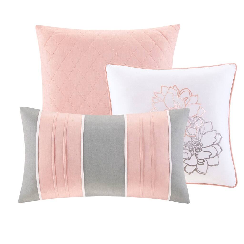 Alt View 4. Gracie Mills - Gracie Mills Glenda 6-Piece Reversible Cotton Printed Quilt Set with Throw Pillows - Grey/Peach.