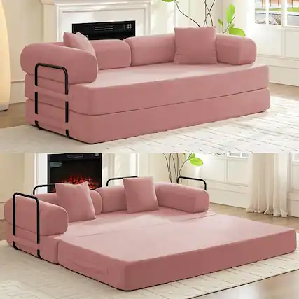 Front. Circus Cirle - 78.7"W Convertible Folding Mattress Couch - Pink.