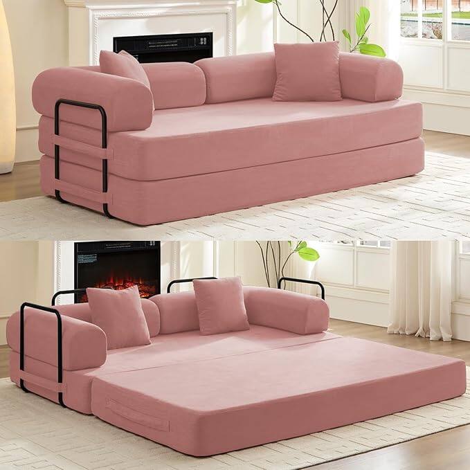 Front. Circus Cirle - 78.7"W Convertible Folding Mattress Couch - Pink.