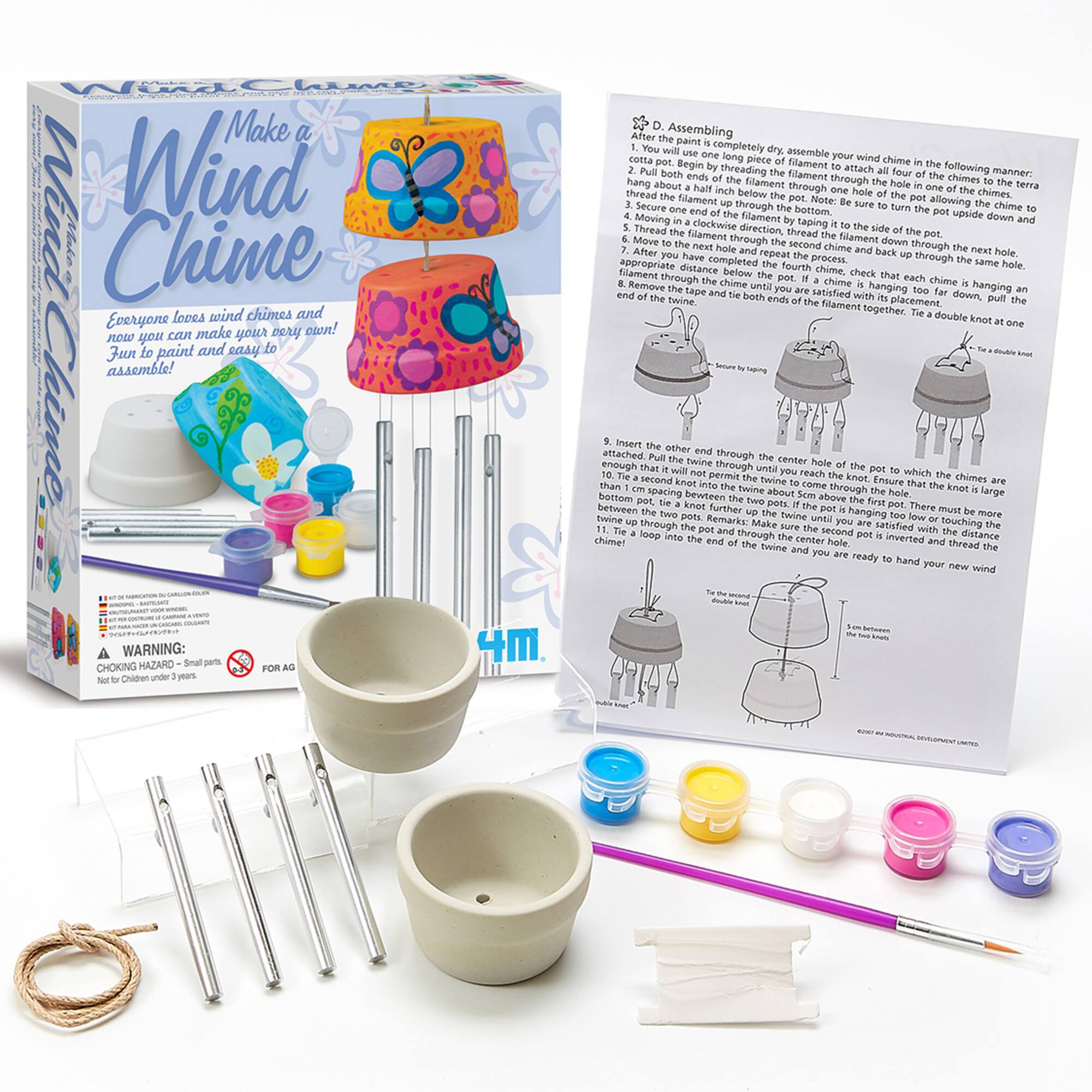 Make a Wind Chime! Everyone loves wind chimes and now you can make your very own! Fun to paint and easy to assemble! 

WARNING: CHOKING HAZARD - Small parts. Not for children under 3 years.

D. Assembling
1. You paint is completely dry, assemble your wind chime in the following manner:
2. Attach a long piece of twine to the bottom of the pot. Note: Allow the chimes to hang freely.
3. Begin threading the filament through the hole of the chimes to the terra cotta pot. 
4. Thread the filament below the pot. 
5. Secure one end of the filament to the bottom. 
6. Thread the filament through the hole of the chimes in a clockwise direction, taping the side of the filament as you thread it. 
7. After the next hole and the second chime and back through the next hole. 
8. Repeat the process through the appropriate distance completed fourth hole. 
9. Thread the filament through the chime, check that each chime is hanging an appropriate distance. 
10. Remove the chime until satisfied with the placement. 
11. Pull the twine ends together. 
12. Tie