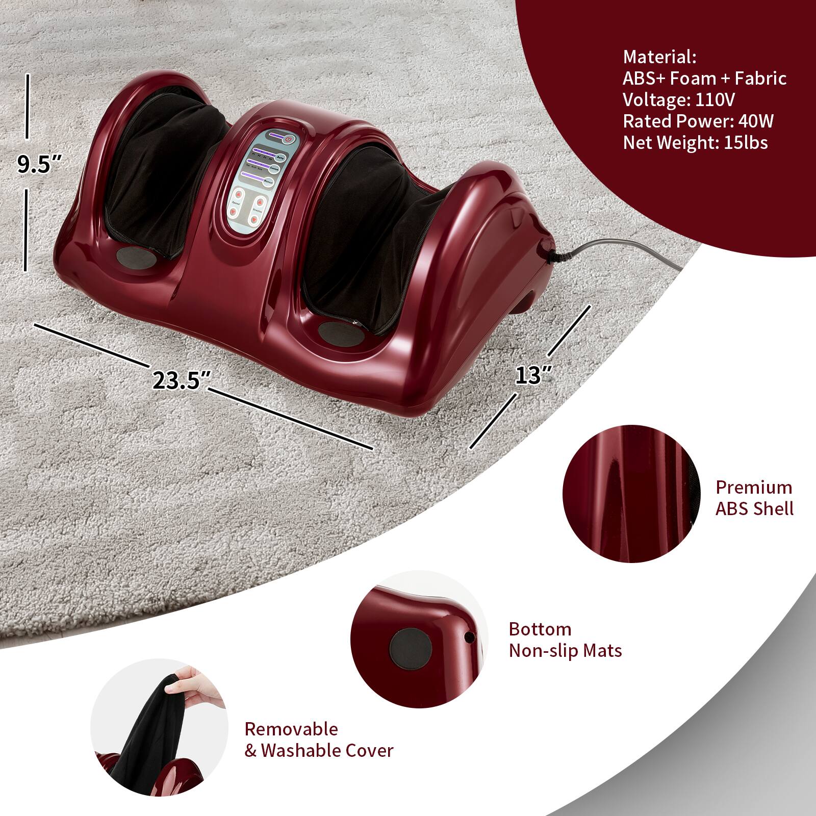 The text on the image is grouped and corrected as follows:

"Material: ABS+ Foam + Fabric
Voltage: 110V
Rated Power: 40W
Net Weight: 15lbs
Dimensions: 23.5" x 13"
Premium ABS Shell
Bottom Non-slip Mats
Removable & Washable Cover"