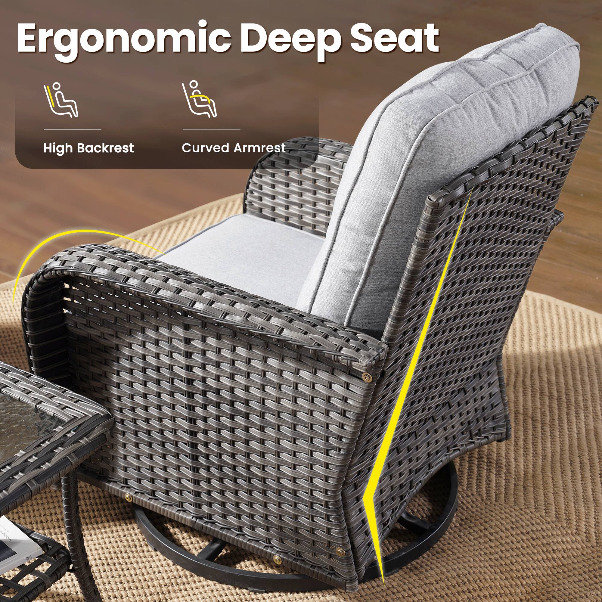 Ergonomic Deep Seat

- High Backrest
- Curved Armrest